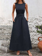Sleeveless Tie Waist Maxi Dress For Women - Casual Solid Color A Line Sun Dress With Pockets - Summer Beach Vacation 2026