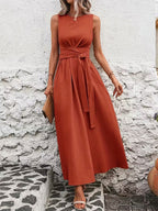Sleeveless Tie Waist Maxi Dress For Women - Casual Solid Color A Line Sun Dress With Pockets - Summer Beach Vacation 2026
