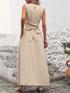 Sleeveless Tie Waist Maxi Dress For Women - Casual Solid Color A Line Sun Dress With Pockets - Summer Beach Vacation 2026