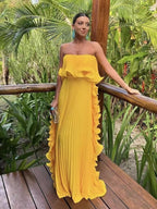 Pleated Strapless Women's Maxi Tube Dress - Ruffle Side Flowy Long Gown - Summer Beach Wedding Guest 2026