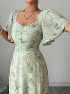 Butterfly Print Women's Chiffon Maxi Dress - Ruched Bust Flutter Sleeve Date Night Dress - Summer Garden Wedding Guest 2026