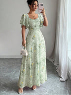 Butterfly Print Women's Chiffon Maxi Dress - Ruched Bust Flutter Sleeve Date Night Dress - Summer Garden Wedding Guest 2026