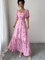 Butterfly Print Women's Chiffon Maxi Dress - Ruched Bust Flutter Sleeve Date Night Dress - Summer Garden Wedding Guest 2026