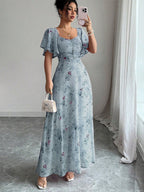 Butterfly Print Women's Chiffon Maxi Dress - Ruched Bust Flutter Sleeve Date Night Dress - Summer Garden Wedding Guest 2026