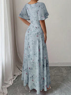 Butterfly Print Women's Chiffon Maxi Dress - Ruched Bust Flutter Sleeve Date Night Dress - Summer Garden Wedding Guest 2026