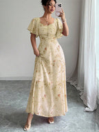 Butterfly Print Women's Chiffon Maxi Dress - Ruched Bust Flutter Sleeve Date Night Dress - Summer Garden Wedding Guest 2026