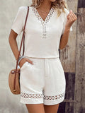 Eyelet Lace Women 2 Piece Set - Solid Color V Neck Top & Shorts Co-ord - Summer Casual Holiday 2026