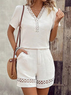 Eyelet Lace Women 2 Piece Set - Solid Color V Neck Top & Shorts Co-ord - Summer Casual Holiday 2026