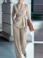 Elegant Wrap Blazer Women 2 Piece Set - Slim Fit Tie Waist Wide Leg Pantsuit - Spring Business Casual 2026