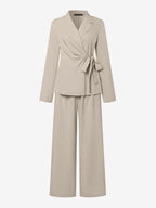 Elegant Wrap Blazer Women 2 Piece Set - Slim Fit Tie Waist Wide Leg Pantsuit - Spring Business Casual 2026