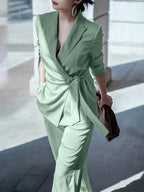 Elegant Wrap Blazer Women 2 Piece Set - Slim Fit Tie Waist Wide Leg Pantsuit - Spring Business Casual 2026