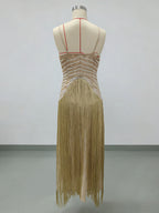 Beaded Fringed Slip Cocktail Dress For Women - Apricot Gatsby Flapper Style Sleeveless Maxi Gown - Summer Party Prom 2026