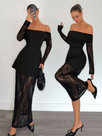 Elegant Off-Shoulder Midi Dress With Lace Sleeves