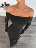 Elegant Off-Shoulder Midi Dress With Lace Sleeves