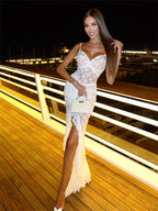 Sheer Lace Ruffle Maxi Slip Dress For Women - White Sexy High-Low Hem Spaghetti Strap Bodycon Gown - Summer Gala Party 2026