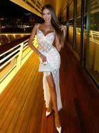 Sheer Lace Ruffle Maxi Slip Dress For Women - White Sexy High-Low Hem Spaghetti Strap Bodycon Gown - Summer Gala Party 2026