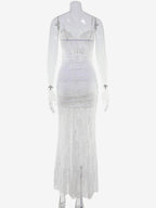 Sheer Lace Ruffle Maxi Slip Dress For Women - White Sexy High-Low Hem Spaghetti Strap Bodycon Gown - Summer Gala Party 2026