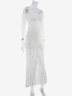 Sheer Lace Ruffle Maxi Slip Dress For Women - White Sexy High-Low Hem Spaghetti Strap Bodycon Gown - Summer Gala Party 2026