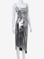 Metallic Cowl Neck Slip Dress For Women - Silver Sexy Cut Out Back Asymmetrical Midi Slit Dress - Summer Night Club Party 2026