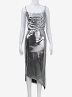 Metallic Cowl Neck Slip Dress For Women - Silver Sexy Cut Out Back Asymmetrical Midi Slit Dress - Summer Night Club Party 2026