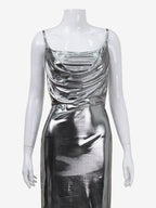 Metallic Cowl Neck Slip Dress For Women - Silver Sexy Cut Out Back Asymmetrical Midi Slit Dress - Summer Night Club Party 2026