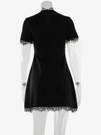 Lace Trim Keyhole Mini Dress For Women - Black Elegant High Neck Short Sleeve A-Line Dress - Spring Birthday Party 2026