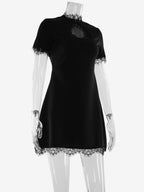 Lace Trim Keyhole Mini Dress For Women - Black Elegant High Neck Short Sleeve A-Line Dress - Spring Birthday Party 2026