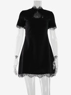Lace Trim Keyhole Mini Dress For Women - Black Elegant High Neck Short Sleeve A-Line Dress - Spring Birthday Party 2026