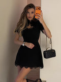 Lace Trim Keyhole Mini Dress For Women - Black Elegant High Neck Short Sleeve A-Line Dress - Spring Birthday Party 2026