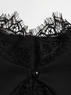 Lace Trim Keyhole Mini Dress For Women - Black Elegant High Neck Short Sleeve A-Line Dress - Spring Birthday Party 2026