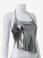 Metallic Halter Top For Women - Silver Sexy Side Slit Asymmetrical Tank - Summer Night Club Party 2026