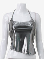 Metallic Halter Top For Women - Silver Sexy Side Slit Asymmetrical Tank - Summer Night Club Party 2026