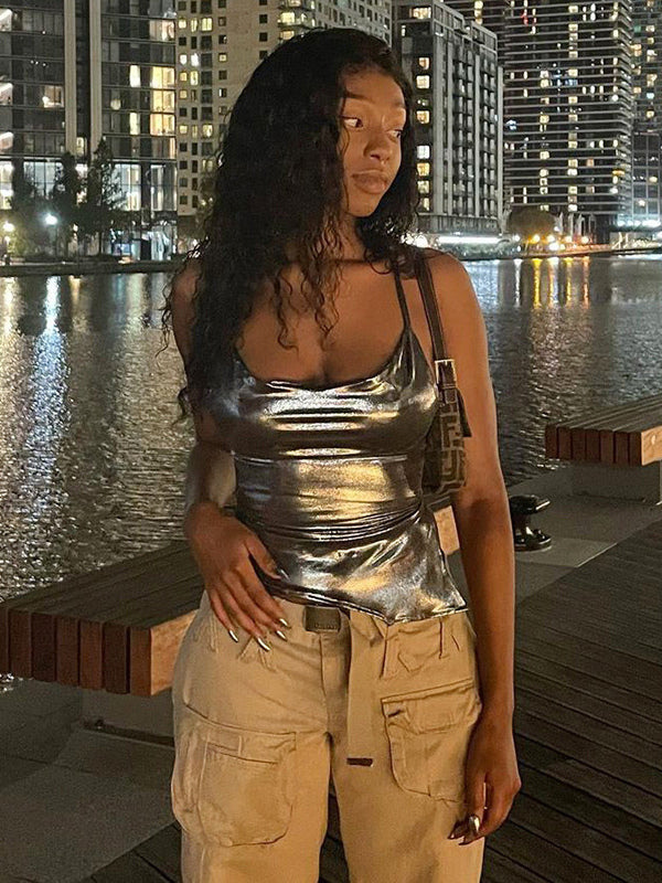 Metallic Halter Top For Women - Silver Sexy Side Slit Asymmetrical Tank - Summer Night Club Party 2026