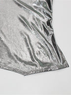 Metallic Halter Top For Women - Silver Sexy Side Slit Asymmetrical Tank - Summer Night Club Party 2026