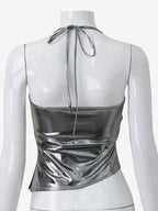 Metallic Halter Top For Women - Silver Sexy Side Slit Asymmetrical Tank - Summer Night Club Party 2026