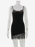 Lace Trim Slip Dress For Women - Black Y2K Aesthetic Sleeveless Bodycon Mini Dress - Summer Night Out Partywear 2026