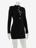 Cut Out Mini Dress For Women - Black Elegant Long Sleeve Gold Button Bodycon - Spring Night Out Club Party 2026