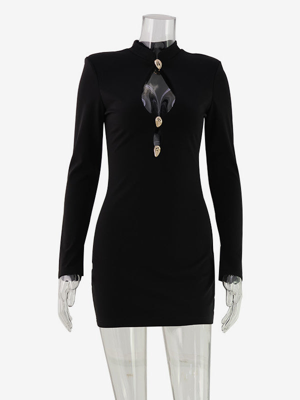 Cut Out Mini Dress For Women - Black Elegant Long Sleeve Gold Button Bodycon - Spring Night Out Club Party 2026