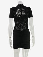 Sheer Lace Cut Out Bodycon Dress For Women - Black Gothic Chic Ruched Mini Sheath Dress - Summer Night Out Party 2026