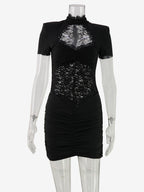 Sheer Lace Cut Out Bodycon Dress For Women - Black Gothic Chic Ruched Mini Sheath Dress - Summer Night Out Party 2026