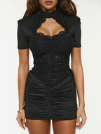Sheer Lace Cut Out Bodycon Dress For Women - Black Gothic Chic Ruched Mini Sheath Dress - Summer Night Out Party 2026