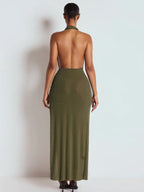 Halter Deep V Neck Maxi Dress For Women - Olive Green Glitter High Slit Backless Sheer Gown - Summer Night Out Club Party 2026