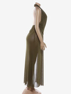 Halter Deep V Neck Maxi Dress For Women - Olive Green Glitter High Slit Backless Sheer Gown - Summer Night Out Club Party 2026