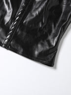 Faux Leather Crop Top For Women - Black Sexy Cutout Mock Neck Short Sleeve Top - Summer Rave Clubwear 2026