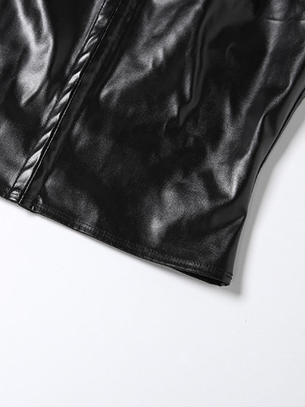 Faux Leather Crop Top For Women - Black Sexy Cutout Mock Neck Short Sleeve Top - Summer Rave Clubwear 2026