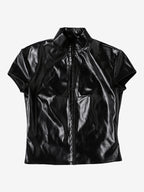 Faux Leather Crop Top For Women - Black Sexy Cutout Mock Neck Short Sleeve Top - Summer Rave Clubwear 2026