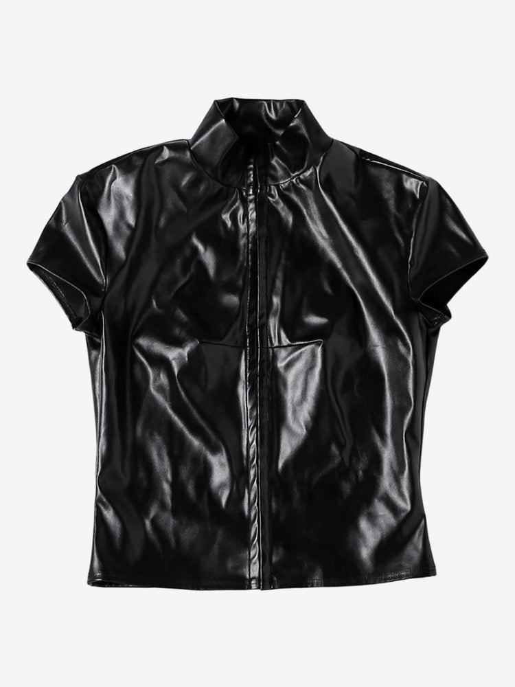 Faux Leather Crop Top For Women - Black Sexy Cutout Mock Neck Short Sleeve Top - Summer Rave Clubwear 2026