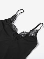 Lace Trim Slip Dress For Women - Black Ribbed Sleeveless Cami Mini Sundress - Summer Party Night Out 2026