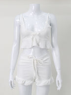 White Lace Trim Coquette 2 Piece Set For Women - Cami & Short Loungewear - Summer Beach Casual 2026