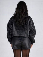 Woven Pattern Faux Leather Bomber For Women - Textured Zip Up Cropped Jacket - Spring Biker Streetwear 2026